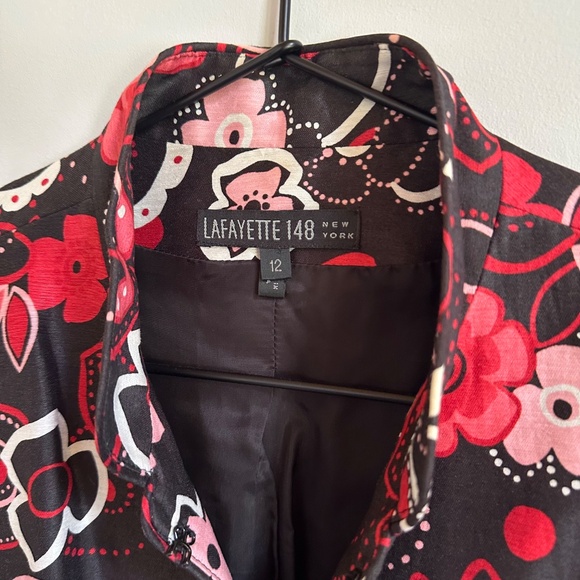 Lafayette 148 Linen Silk Blend Red Black Floral Blazer - Picture 2 of 8